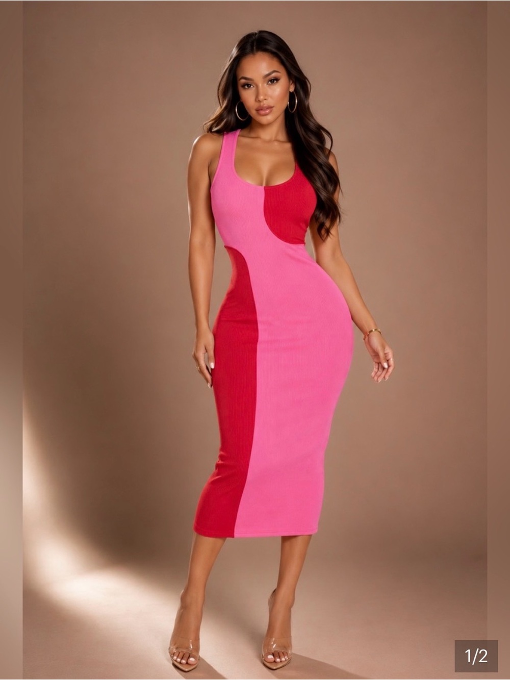 naked wardrobe Pink & Red Colorblock Bodycon Midi Dress